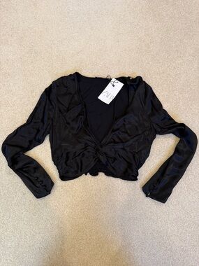Zara Black Satin Twist-Front Crop Blouse